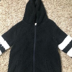 Black and white hooded Sherpa zip up jacket